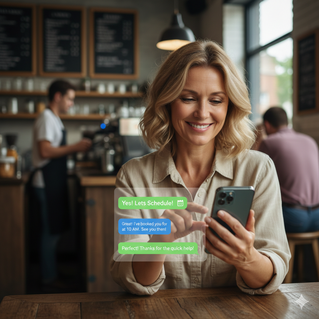 Small business owner happy with automated website chat capturing leads.