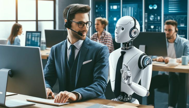 A business owner smiling as AI automates customer service without increasing costs, showing efficiency.