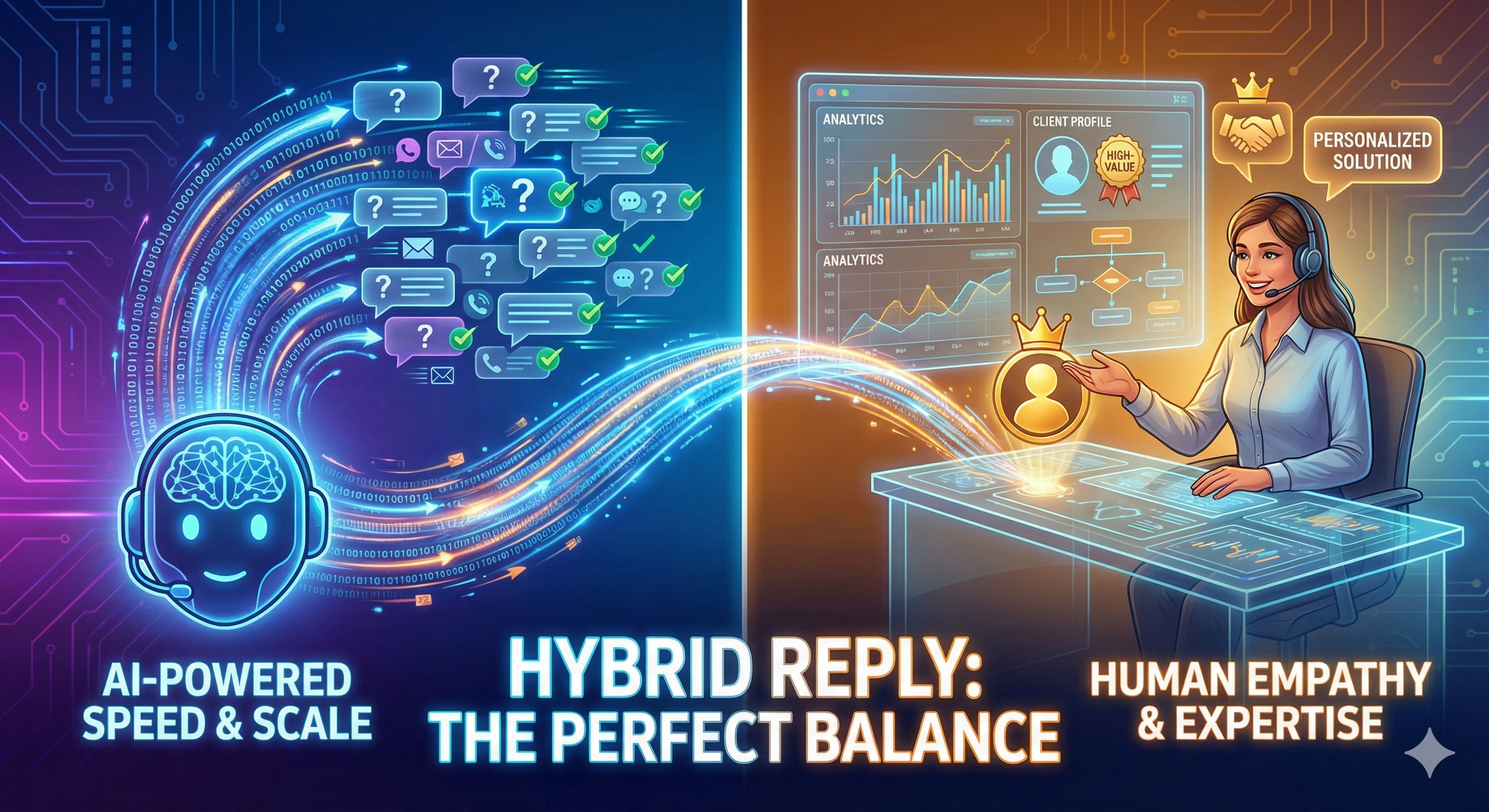 Illustration showing the synergy between speed-based AI automation and personalized human agents in an AI-powered hybrid customer support model.