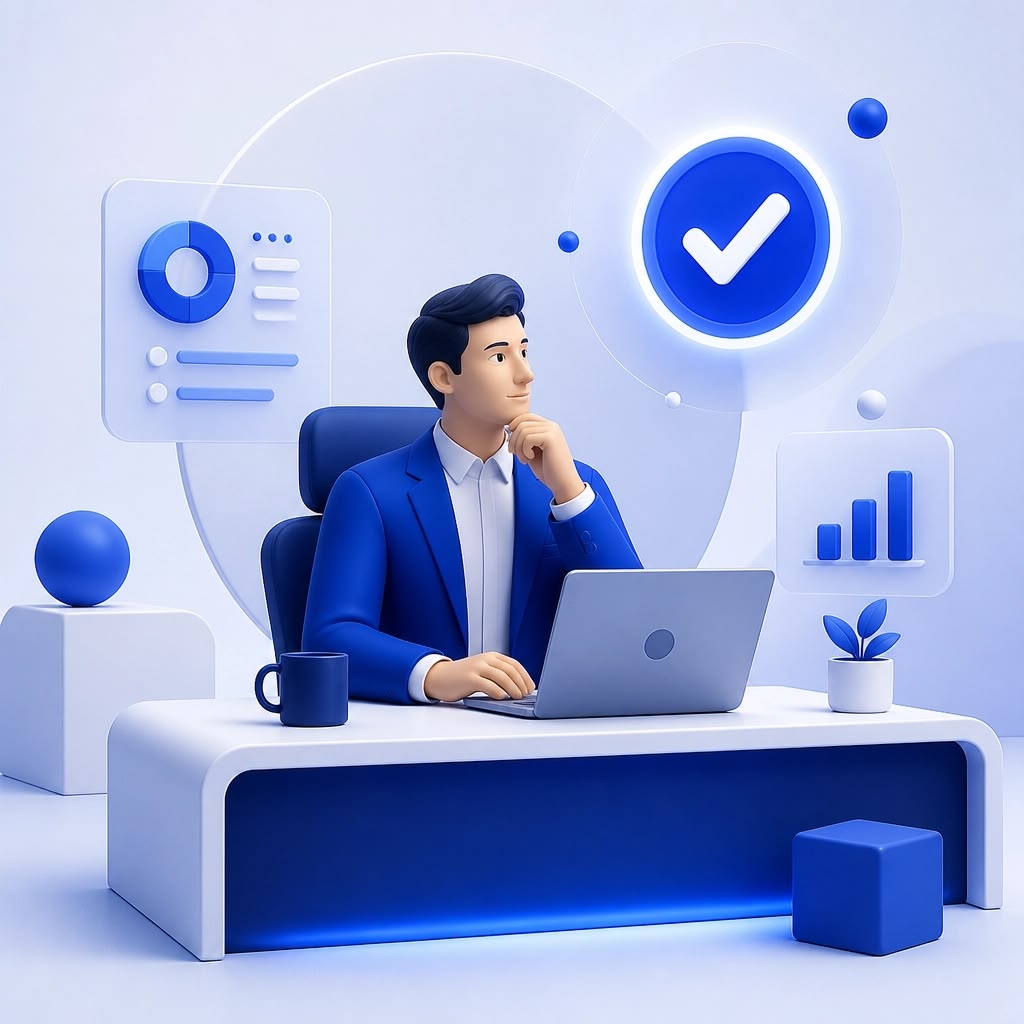 A business owner strategizing how to prioritize customer service automation tasks with AI software.