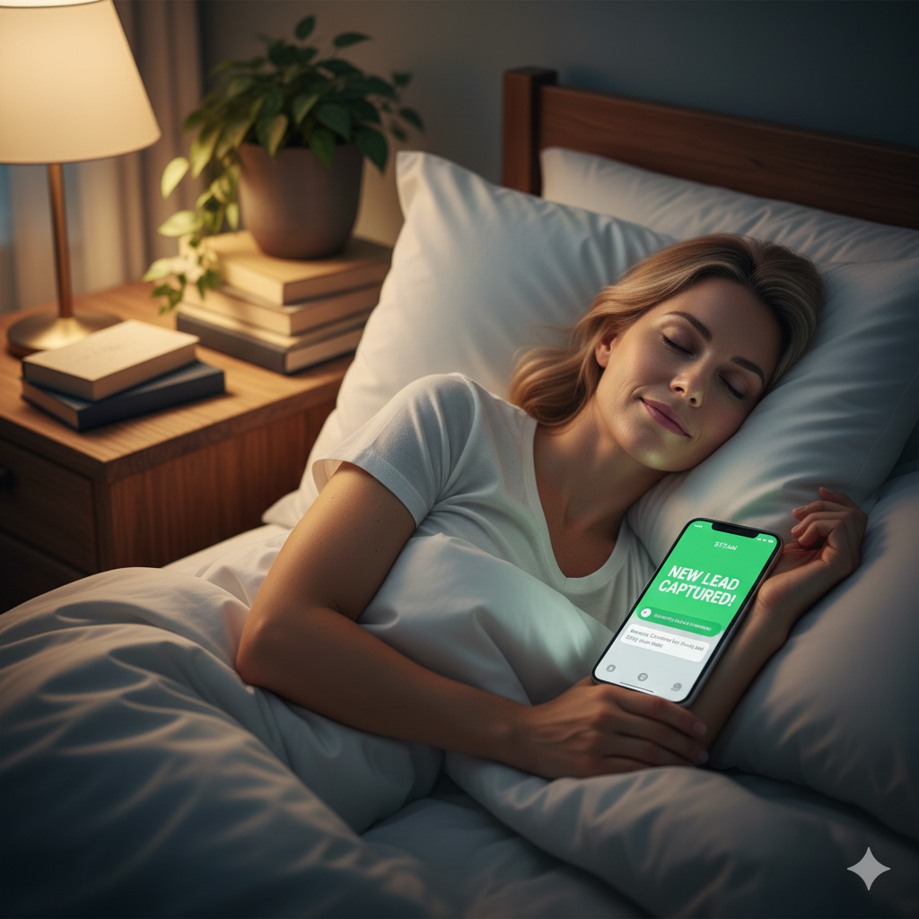 Small business owner sleeping soundly while website chat automation captures a new lead on their phone.